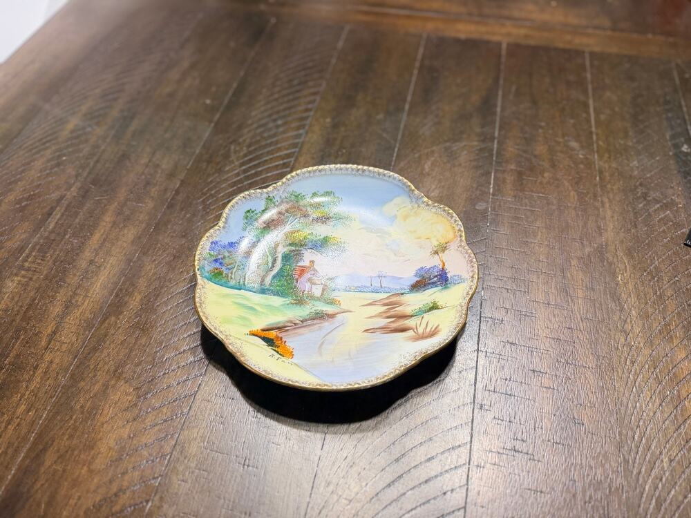 Vintage UCAGCO Japan Hand Painted Landscape Hanging Decorative Plate Gold Gilt
